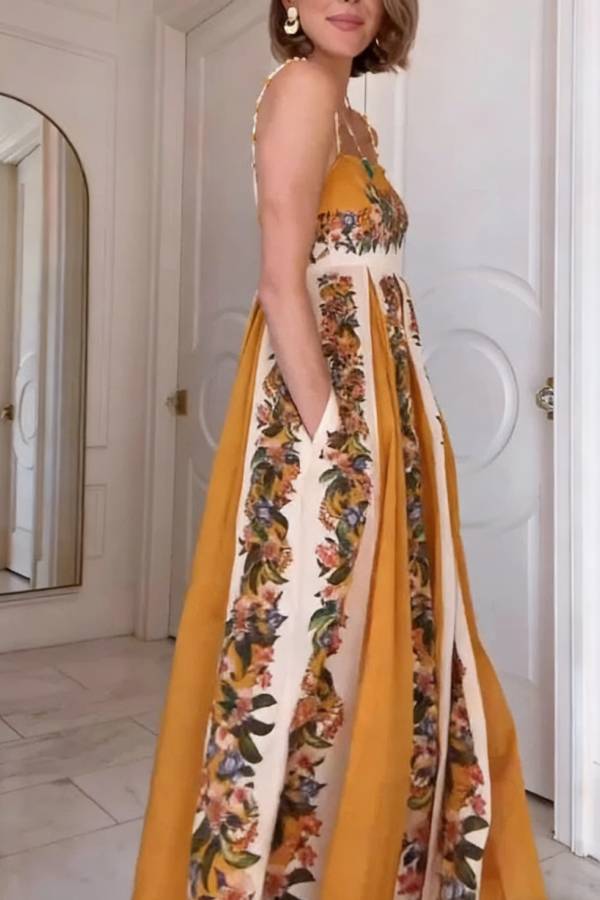Bloom Bright Linen Blend Floral Print Beaded Shoulder Straps Pocket Maxi Dress