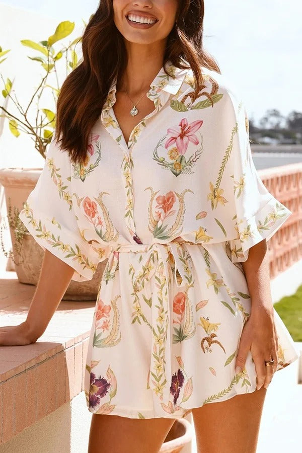Plant Print Lapel Half Sleeve Tie Waist Loose Rompers