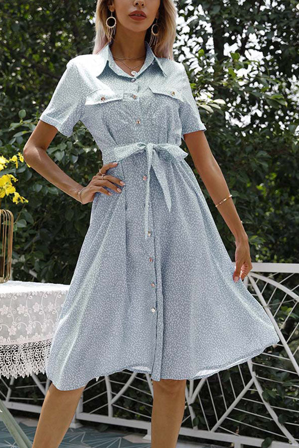 Floral Print Button Short Sleeve Dress Blue