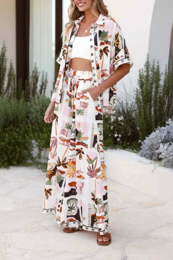 Loose casual short-sleeved shirt and wide-leg pants suit