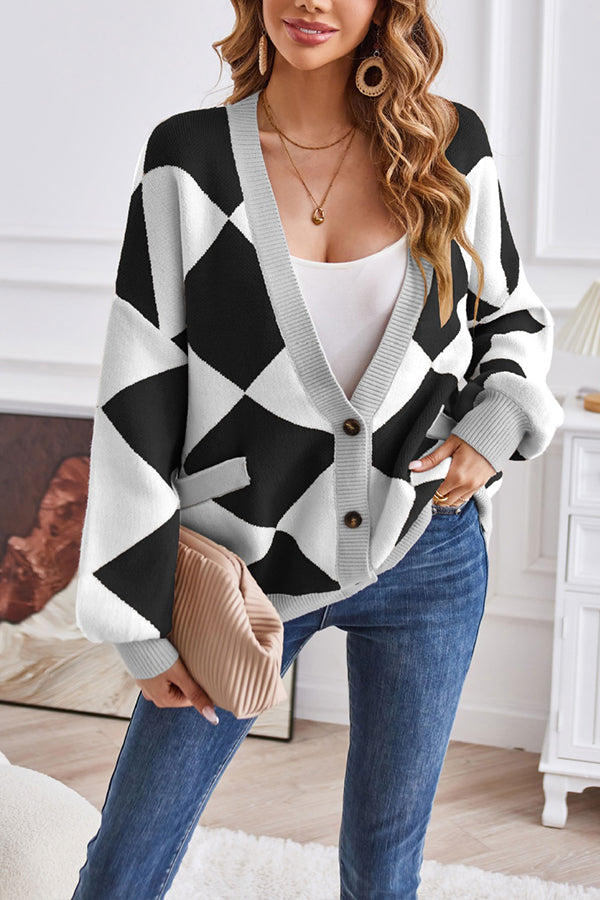 V-neck geometric patchwork contrasting knitted cardigan casual loose jacket Black