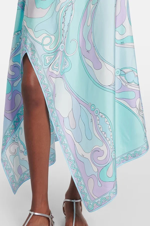 Satin Unique Print Halter Top and Irregular Midi Skirt Set