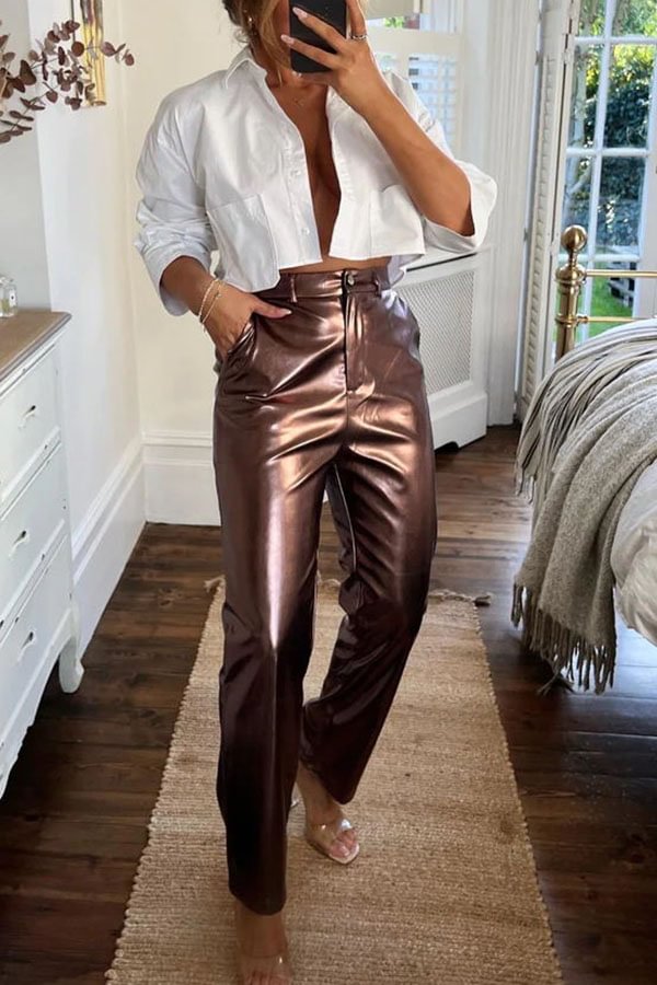 Funky Fun Design Metallic Fabric Pocket Stretch Straight Pants Mauve