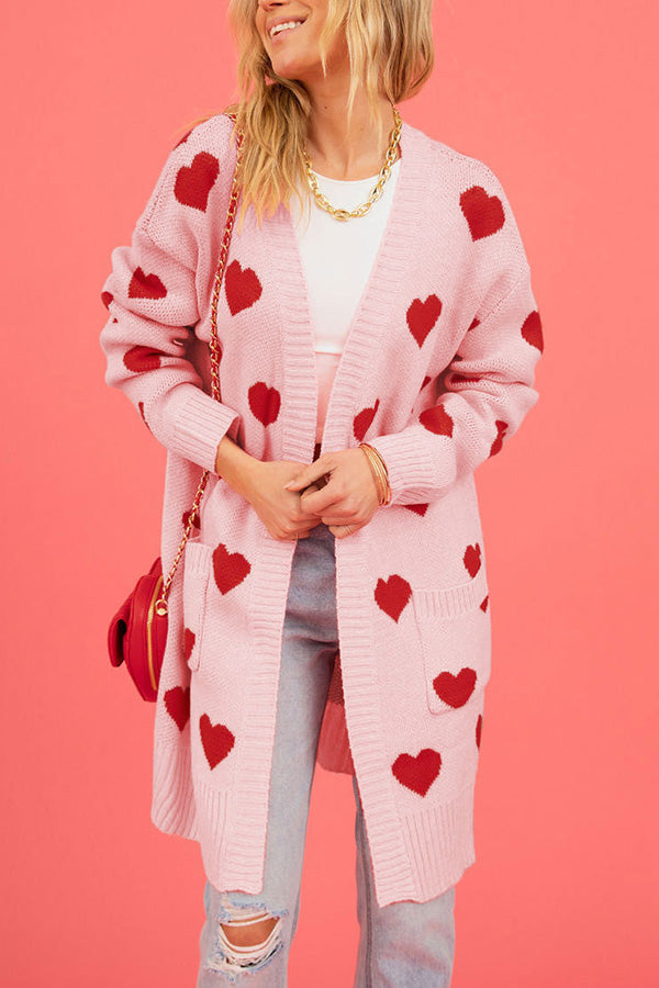 Love knitted cardigan Love pocket V-neck mid-length knitted cardigan Pink