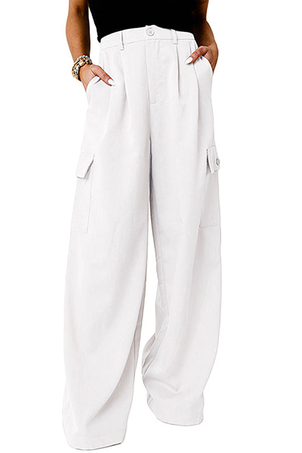 Solid color fashion loose high waist all-match overalls White