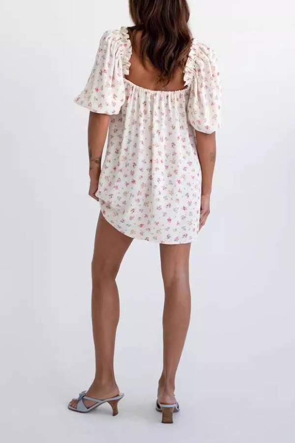 Square Neck Puff Sleeve Bow Tie Babydoll Mini Dress
