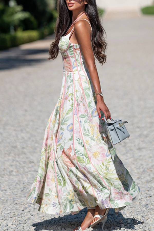 Halter Thin Strap Oil Painting Floral Boned Corset Midi Dress