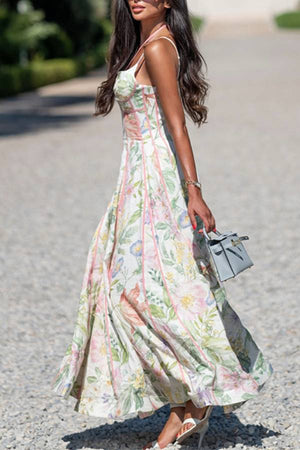 Halter Thin Strap Oil Painting Floral Boned Corset Midi Dress