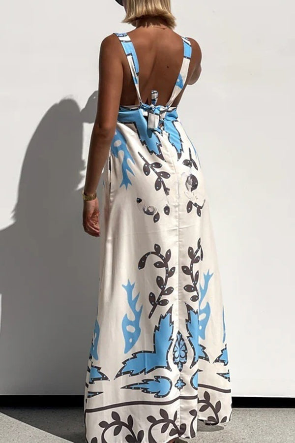 Unique Print Square Neck Open Back Lace-Up Loose Maxi Dress