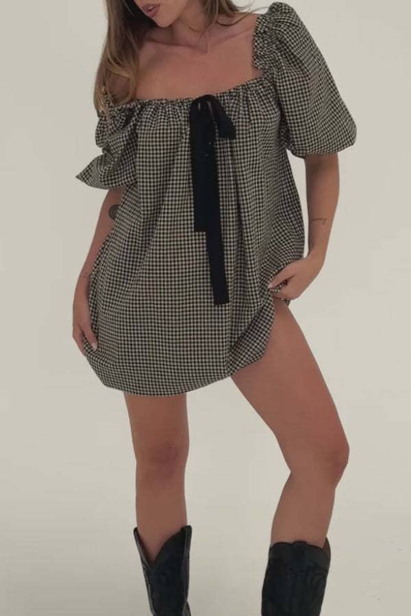 Square Neck Puff Sleeve Bow Tie Babydoll Mini Dress