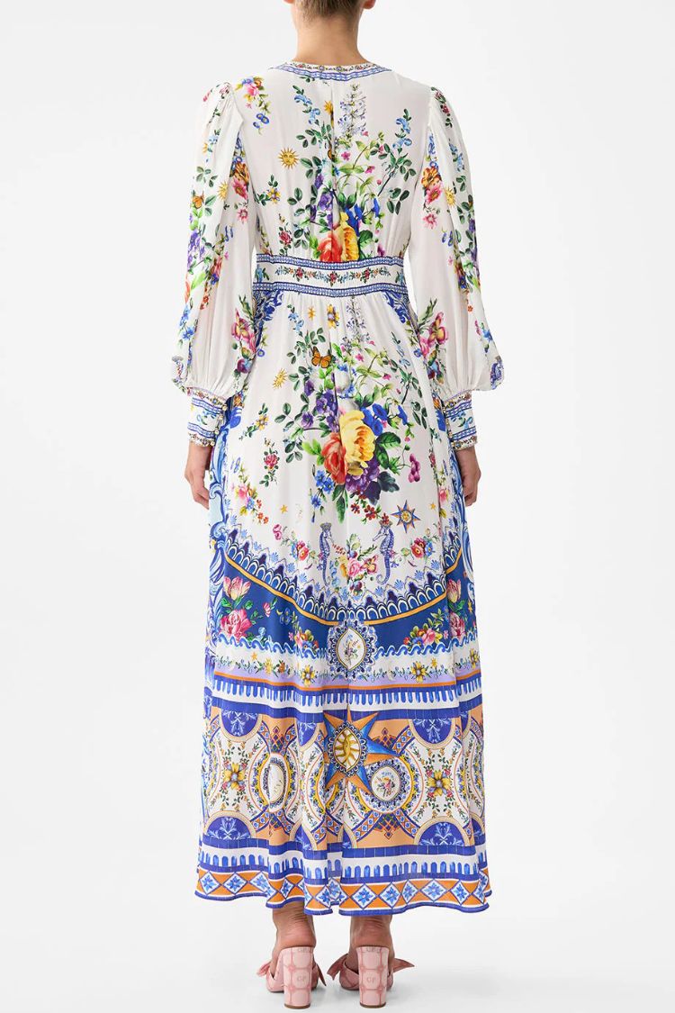 Printed V-neck Long-sleeved Puff Sleeve Waist Maxi Dress