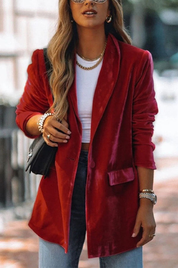 One button solid color mid-length blazer with suit collar Red