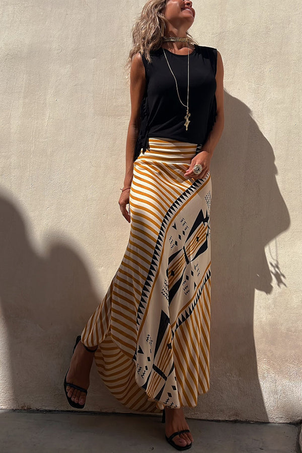 Eva Satin Geometric Print Elastic Waist Maxi Skirt Yellow