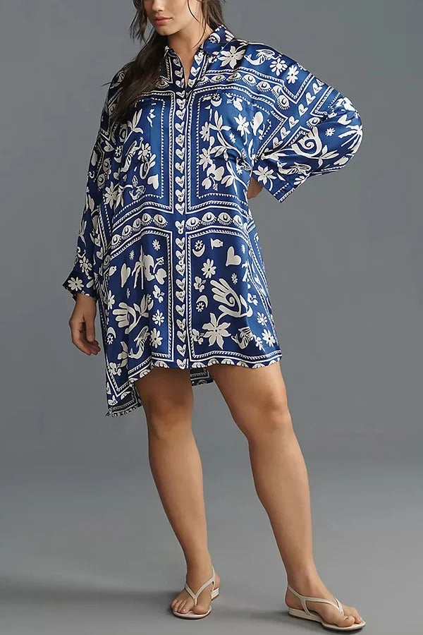 Zenya Satin Unique Print Button Up Long Sleeve Pocket Loose Mini Shirt Dress