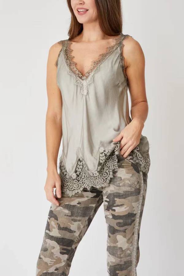 V‑Neck Eyelash Lace Satin Camisole Top