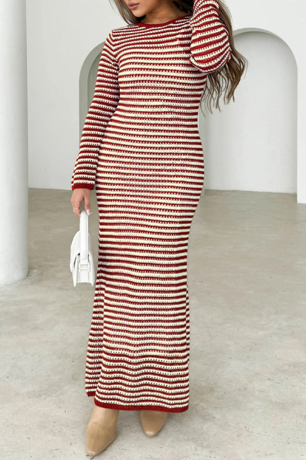 Long Striped Sweater Dress For Women Red