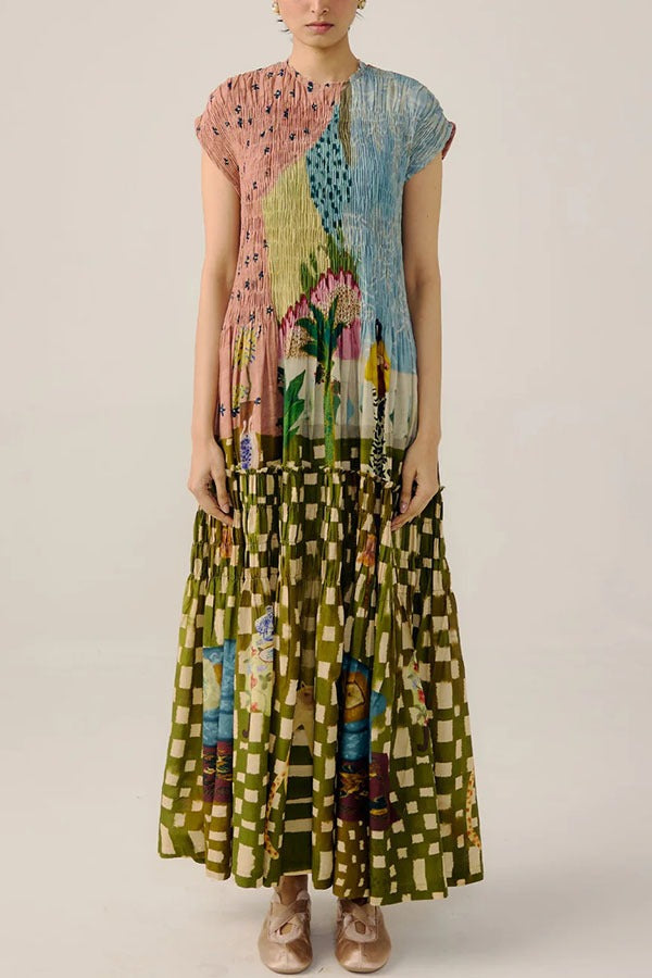 Relaxed and Playful Unique Print Smocked Short Sleeve Flare Maxi Dress