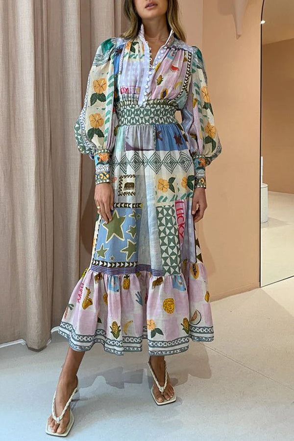 Playfully Chic Unique Print Balloon Sleeve Smocked Waist Shirt Midi Dress Multicolor