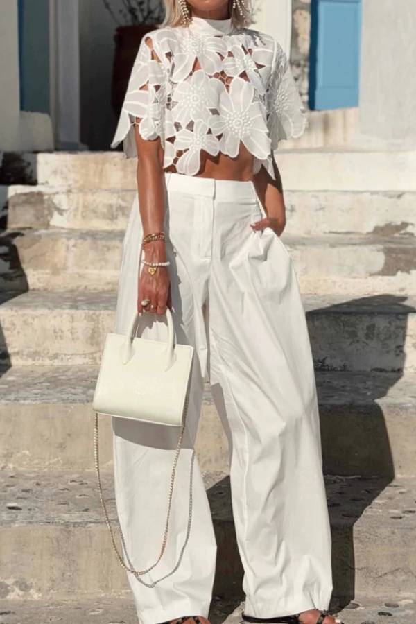 Exquisite Floral Lace Cutwork Crop Top & Wide-Leg Pants Two-Piece Set