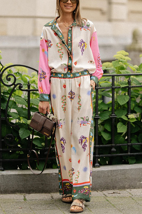 Mystery World Linen Blend Unique Print Loose Blouse and Elastic Waist Pocketed Pants Set White