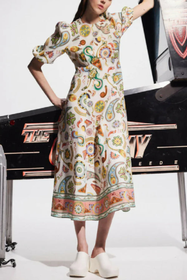 Trip Ready Linen Blend Unique Print Puff Sleeve Wavy Midi Dress Multicolor