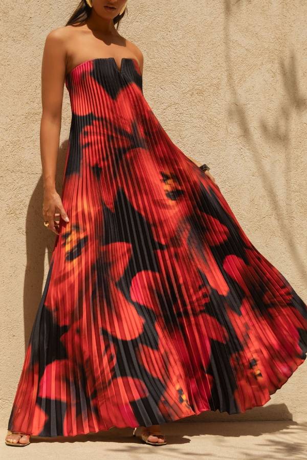 Für jeden Anlass: Satin-Maxikleid mit Plissee und Blumenmuster und V-Bügel-Bandeau-Ausschnitt 