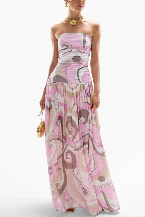 Gorgeous Pastels Unique Print Off Shoulder Low Rise Loose Maxi Dress