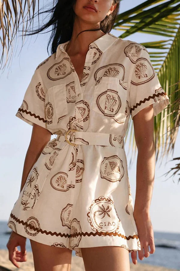 Resort Style Print Lapel Short Sleeves Casual Pocket Waist Tie Loose Rompers