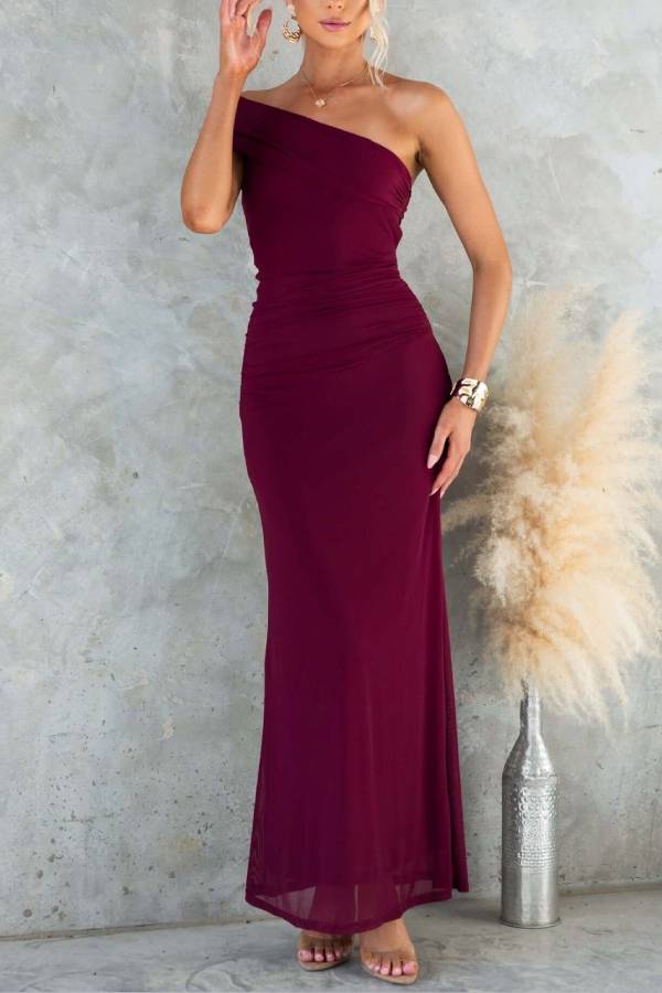One-Shoulder Printed Mesh Bodycon Mermaid Maxi Dress