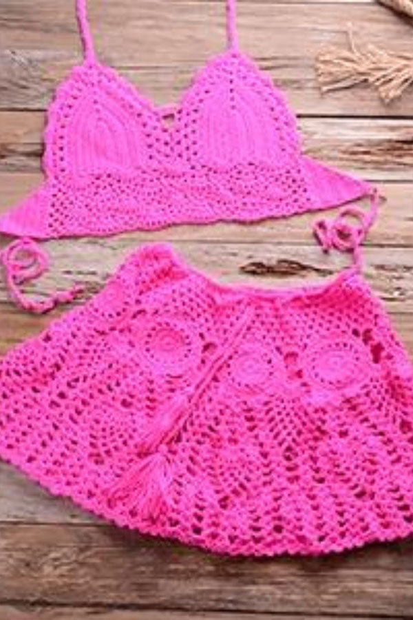 Crochet Two Pieces Swimsuit Rose red