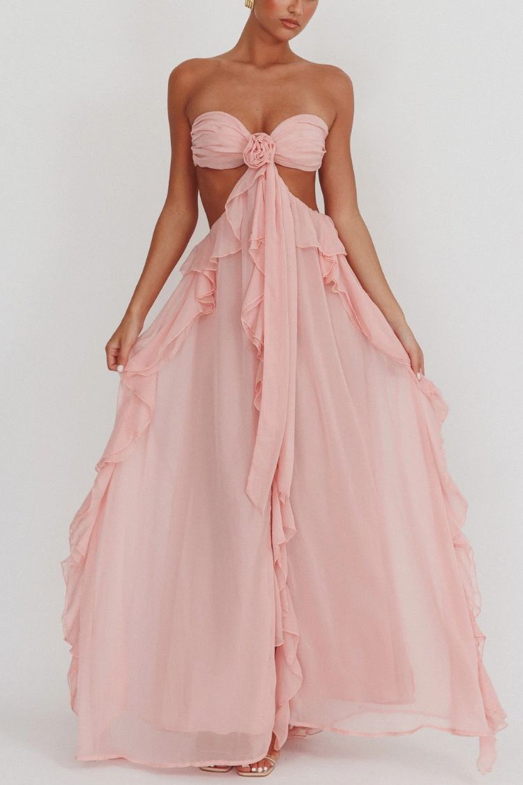 Gorgeous Vacation Halter Rose Detail Cut Out Ruffles Backless Maxi Dress