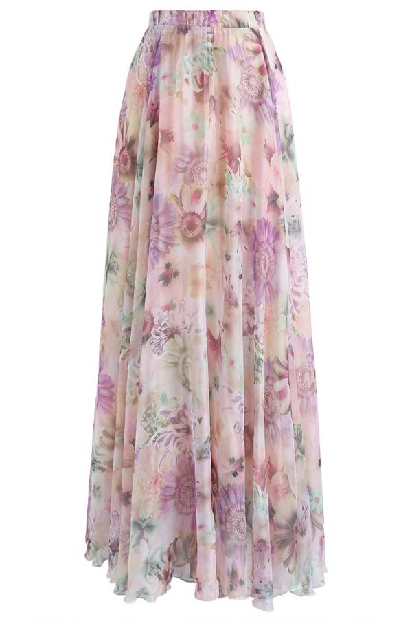 Sunflower Blossom Watercolor Chiffon Maxi Skirt in Pink