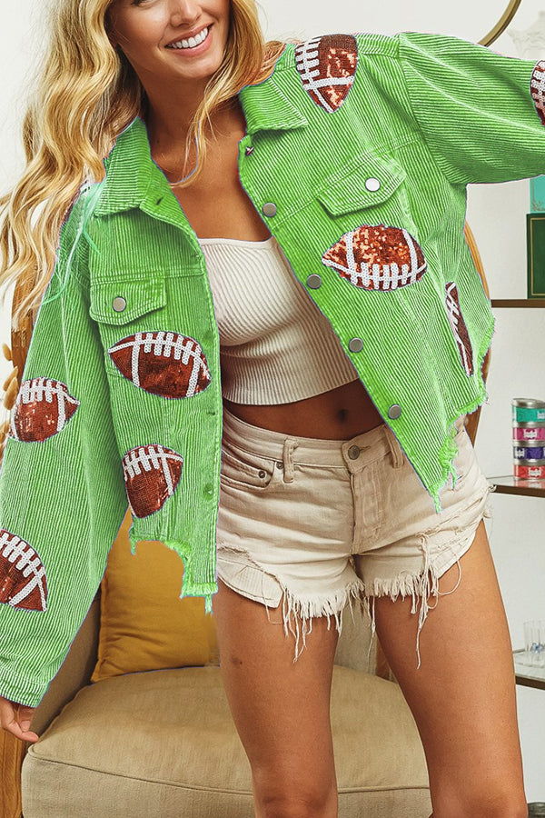 Corduroy and rugby sequined jacket women's multi-color tassel baseball uniform Green