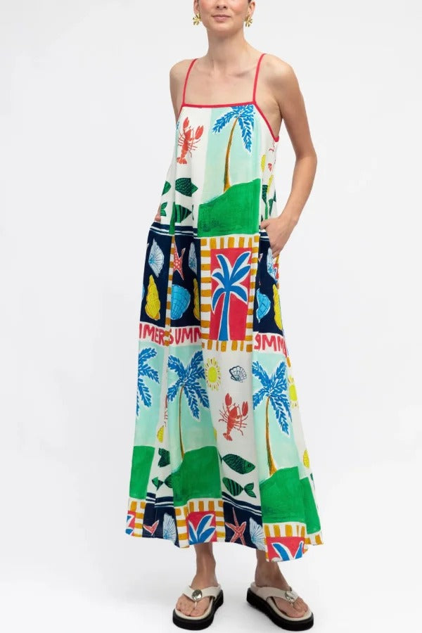Summer-themed Printed Square Neck Sleeveless Pocket Loose Maxi Dress