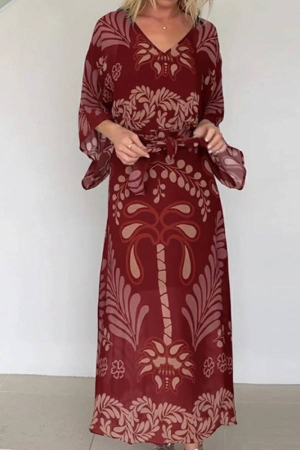 Boho Palm Print V-Neck Tie Waist Flare Sleeve Maxi Dress