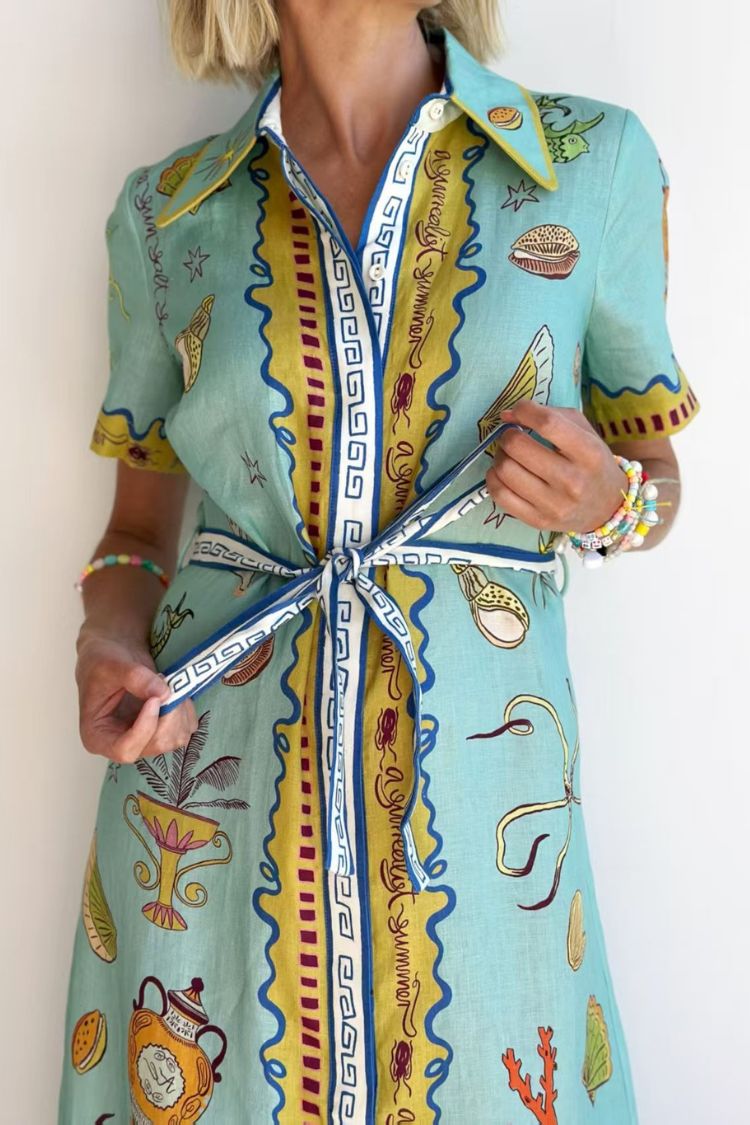 Deep Sea Dreaming Linen Blend Unique Print Short Sleeve Tie-up Shirt Maxi Dress
