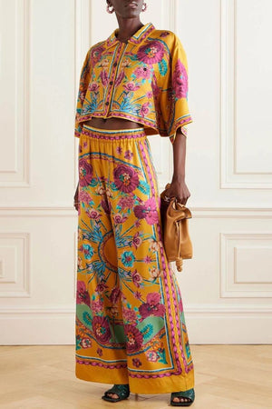 Sunset Cropped Unique Floral-Print Shirt And Loose Wide-Leg Pants