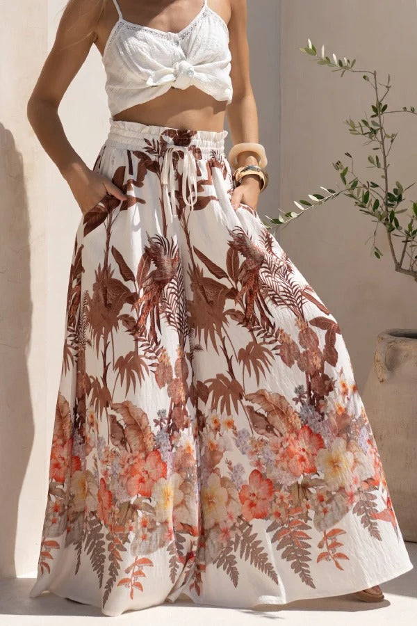 Leaf Print Casual Elastic Waist Pocket Loose Wide-leg Pants