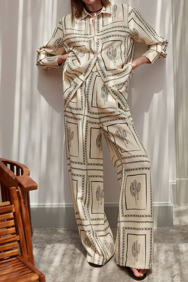 Abstract Geometric Line Printing 2-pieces Set Ivory