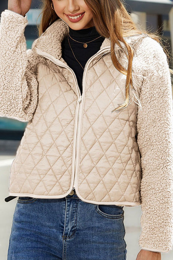 Plush paneled zipped long-sleeve jacket apricot