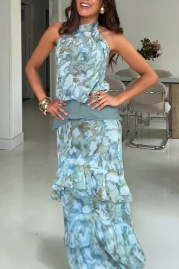Watercolor Print Halter Ruffle Vacation Two‑Piece Set