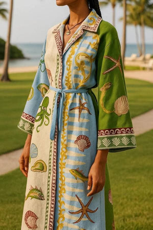 Midi-Hemdkleid aus bedrucktem Twill mit Gürtel