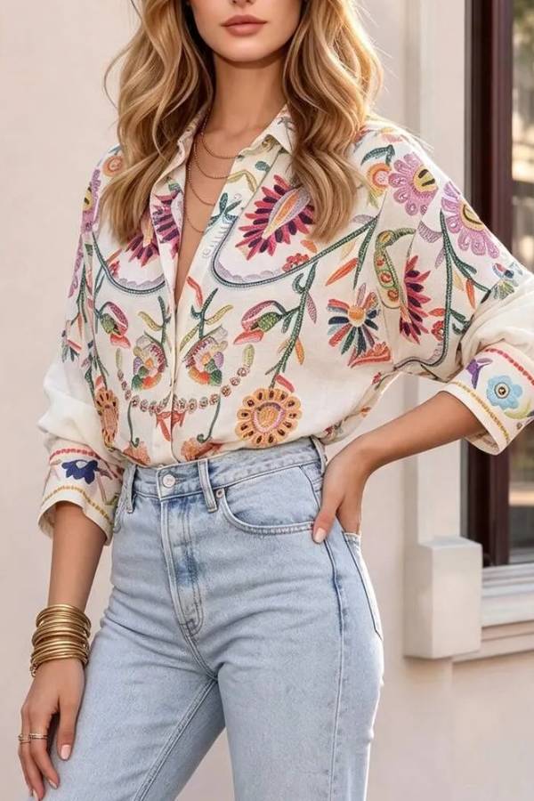 Boho Colorful Floral Print Loose Shirt
