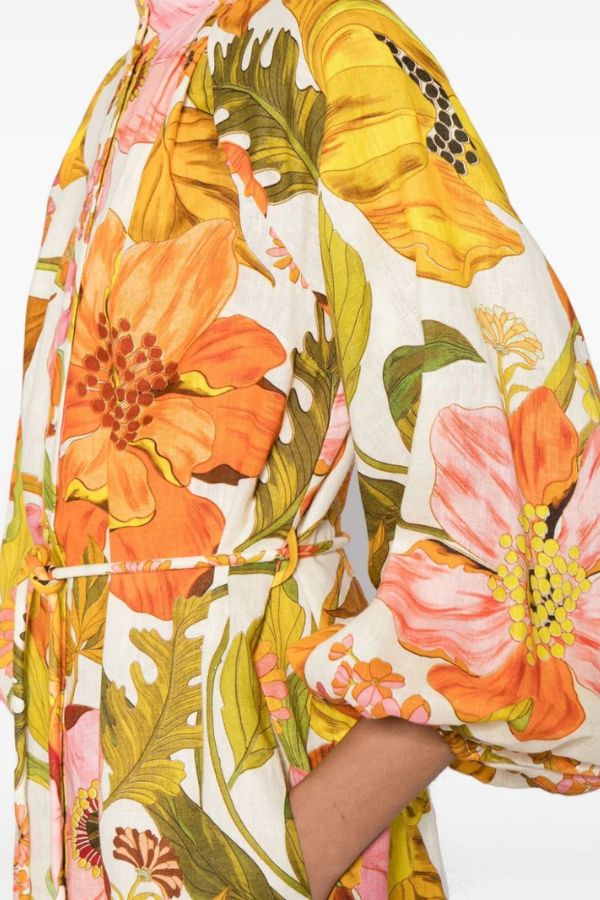 Floral Print Fashion Puff Sleeve Fitted Swing Midi Dress