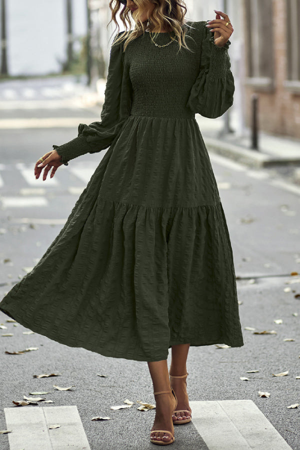 Solid Lantern Sleeve Ruffle Hem Shirred Dress