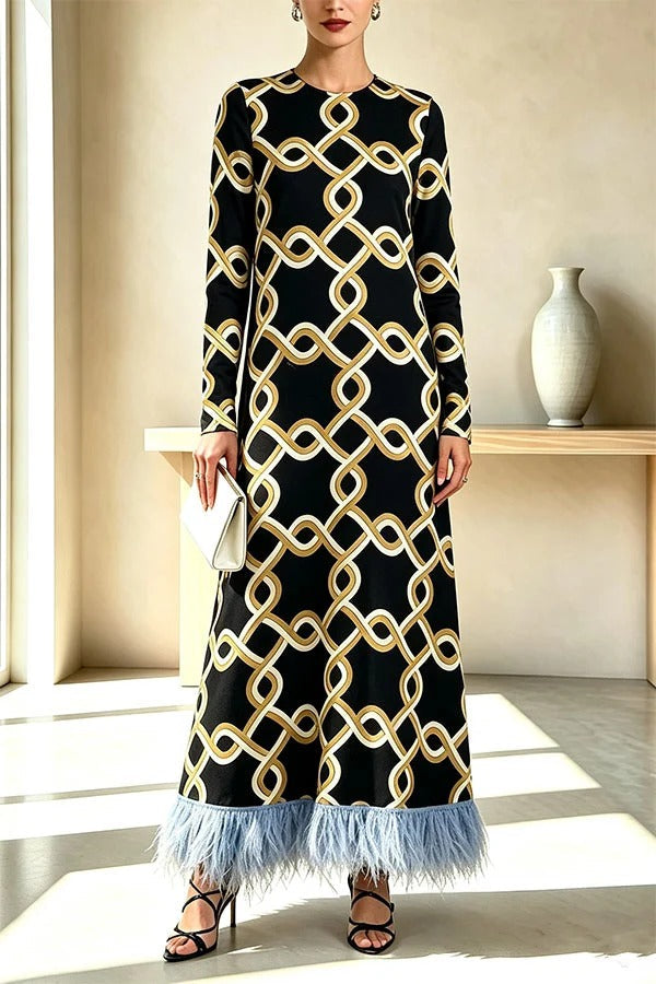 Cecilia Satin Colorful Baroque Style Printed Long Sleeve Feather Trim Maxi Dress