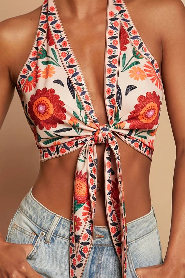 Vintage Floral Halter Tie Backless Crop Cami Top