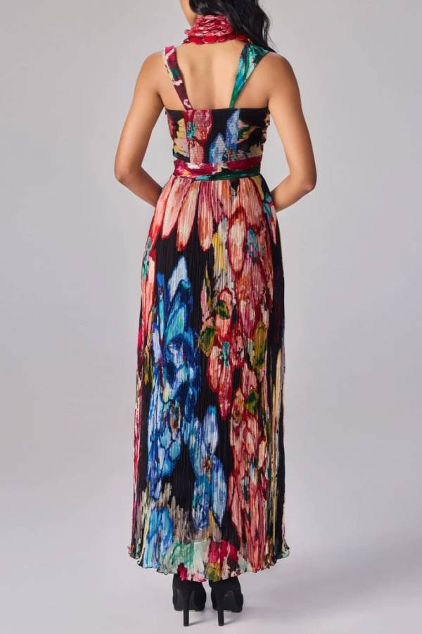 Halter Sweetheart Neck Oil‑Painting Floral Pleated Maxi Dress