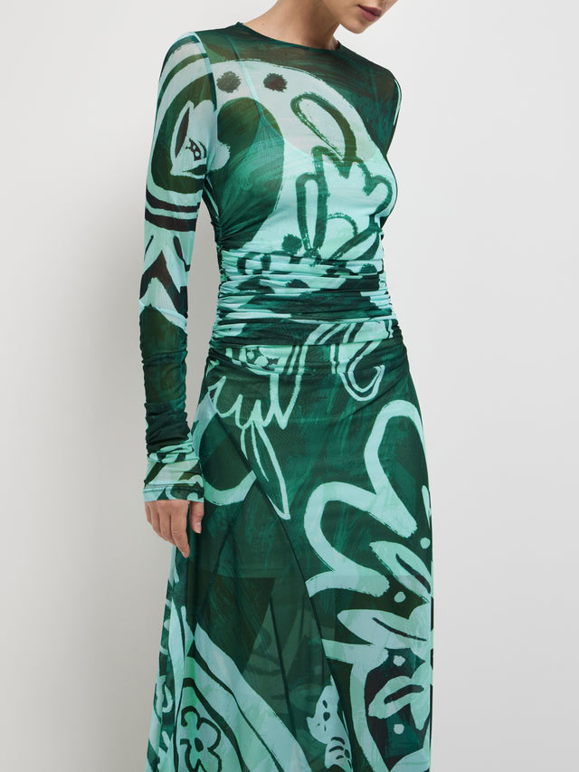Einzigartiges Maxikleid aus Stretch-Mesh mit abstraktem, auffälligem Print