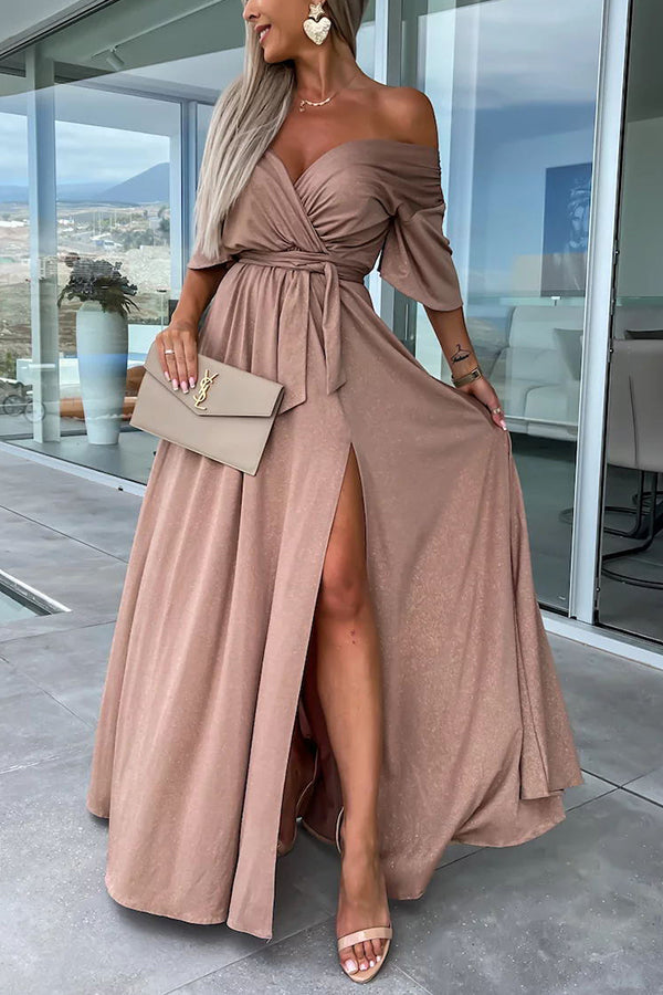 Call Me Confident Glitter Fabric Belted Slit Maxi Dress KHAKI